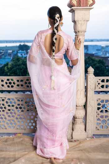 Shop_Tarrz_Pink Organza, Tissue, Cotton Round Neck Hand Embroidered Saree With Blouse _at_Aza_Fashions