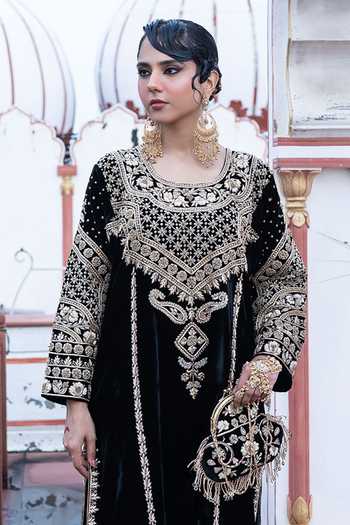 Buy_Tarrz_Black Silk, Velvet Round Neck Embroidered Kurta And Pant Set _Online_at_Aza_Fashions