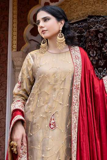 Shop_Tarrz_Gold Silk, Tissue Round Neck, Yes Embroidered Pure Kurta And Pant Set _Online_at_Aza_Fashions