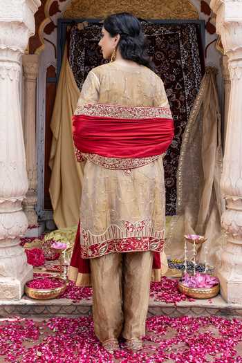 Shop_Tarrz_Gold Silk, Tissue Round Neck, Yes Embroidered Pure Kurta And Pant Set _at_Aza_Fashions