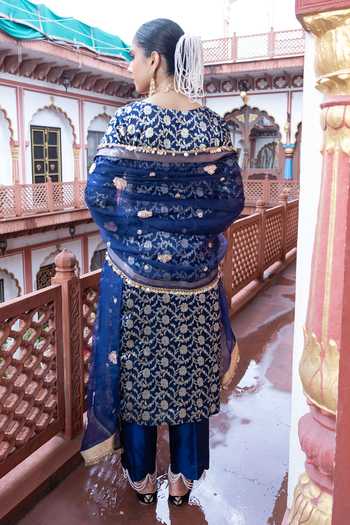 Shop_Tarrz_Blue Silk, Brocade Round Neck Floral Kurta Set _at_Aza_Fashions