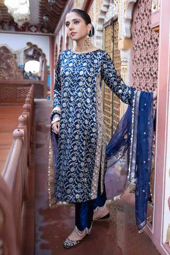 Buy_Tarrz_Blue Silk, Brocade Round Neck Floral Kurta Set _at_Aza_Fashions