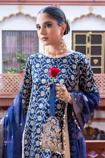 Shop_Tarrz_Blue Silk, Brocade Round Neck Floral Kurta Set _Online_at_Aza_Fashions