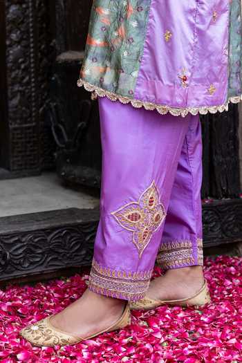 Tarrz_Purple Silk Split V-neck, Yes Gota Patti Embroidered Pure Kurta And Pant Set _Online_at_Aza_Fashions