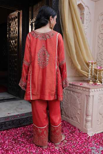 Shop_Tarrz_Orange Tissue, Brocade V-neck, Yes Hand Embroidered Kurta And Pant Set _at_Aza_Fashions