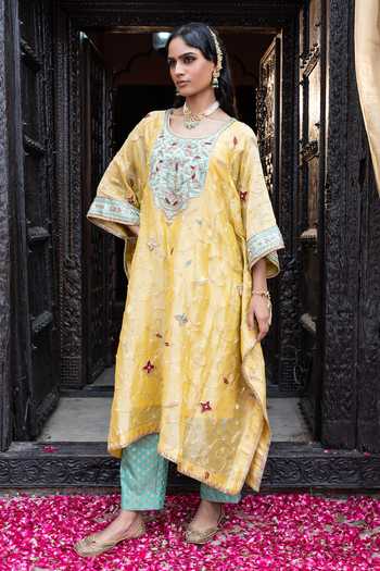 Buy_Tarrz_Yellow Tissue, Brocade, Silk Scoop Neck Hand Embroidered Kaftan Set _at_Aza_Fashions