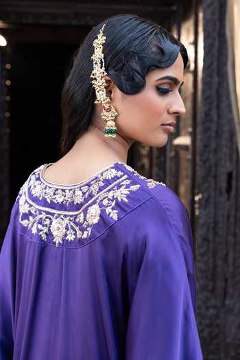 Tarrz_Purple Satin, Silk, Velvet V-neck Hand Embroidered Kaftan Set _Online_at_Aza_Fashions