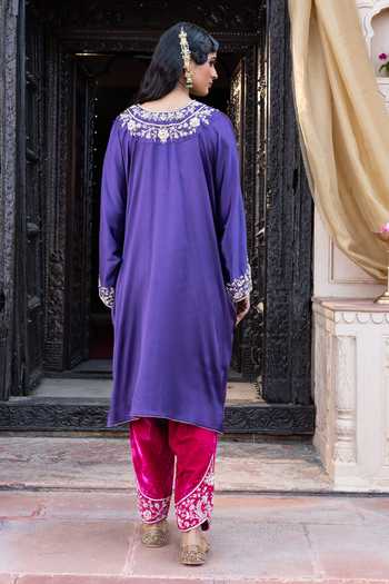 Shop_Tarrz_Purple Satin, Silk, Velvet V-neck Hand Embroidered Kaftan Set _at_Aza_Fashions