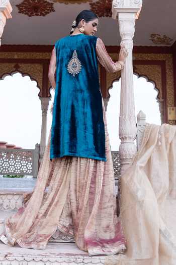 Shop_Tarrz_Blue Silk, Velvet Open , Square Hand Embroidered Jacket Gharara Set _at_Aza_Fashions
