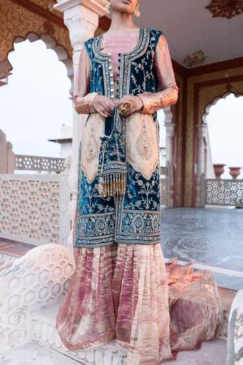 Tarrz_Blue Silk, Velvet Open , Square Hand Embroidered Jacket Gharara Set _Online_at_Aza_Fashions
