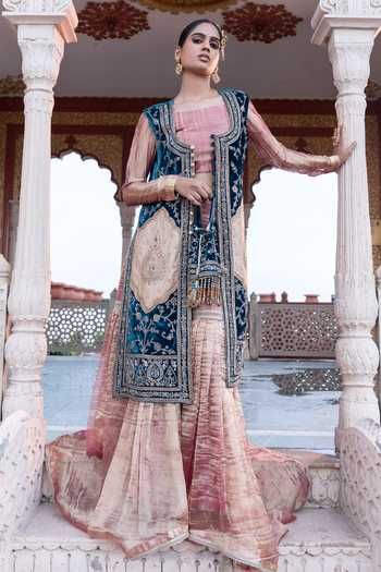 Buy_Tarrz_Blue Silk, Velvet Open , Square Hand Embroidered Jacket Gharara Set _Online_at_Aza_Fashions