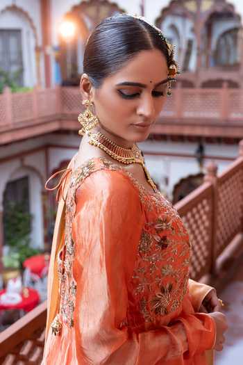 Shop_Tarrz_Orange Silk, Tissue Round Neck Hand Embroidered Anarkali Set _at_Aza_Fashions