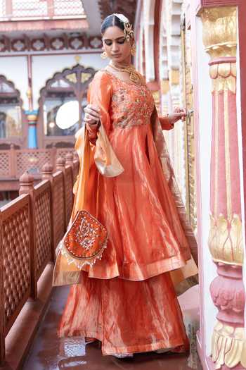 Buy_Tarrz_Orange Silk, Tissue Round Neck Hand Embroidered Anarkali Set _at_Aza_Fashions