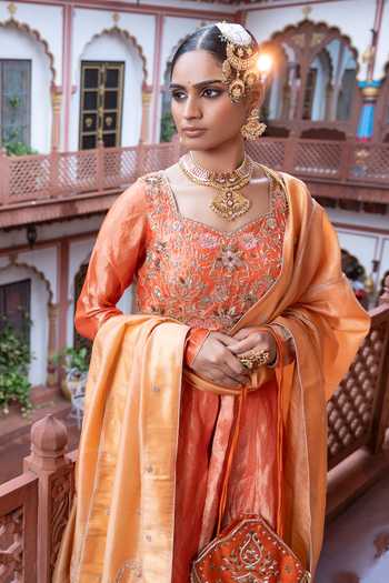Tarrz_Orange Silk, Tissue Round Neck Hand Embroidered Anarkali Set _Online_at_Aza_Fashions