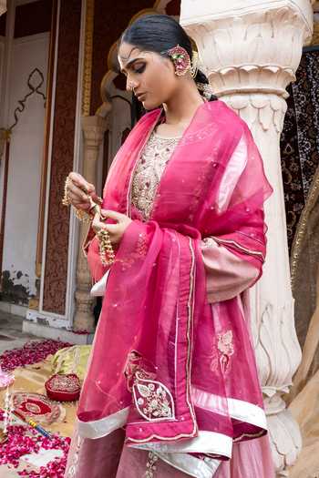 Tarrz_Pink Tissue, Silk, Organza Hand Embroidered Kurta Set _Online_at_Aza_Fashions