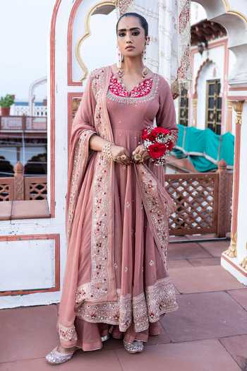 Buy_Tarrz_Mauve Georgette V-neck Hand Embroidered Anarkali Set _at_Aza_Fashions