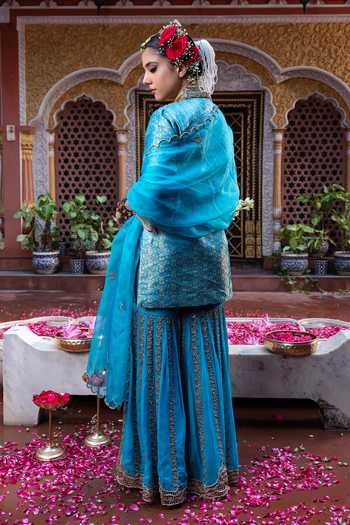 Shop_Tarrz_Turquoise Silk, Brocade, Georgette, Organza V-neck Hand Embroidered Kurta Set _at_Aza_Fashions