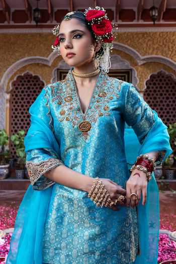 Tarrz_Turquoise Silk, Brocade, Georgette, Organza V-neck Hand Embroidered Kurta Set _Online_at_Aza_Fashions