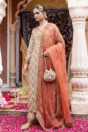 Shop_Tarrz_Beige Silk, Tissue, Organza V-neck Zardozi Embroidered Kurta Set _at_Aza_Fashions