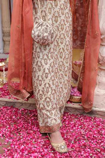 Tarrz_Beige Silk, Tissue, Organza V-neck Zardozi Embroidered Kurta Set _Online_at_Aza_Fashions