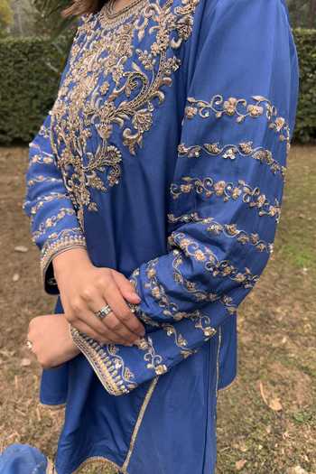 Tarrz_Blue Crepe, Organza Round Neck Hand Embroidered Kurta Set _Online_at_Aza_Fashions