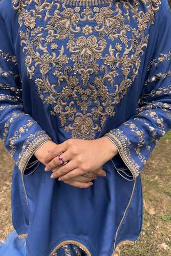 Shop_Tarrz_Blue Crepe, Organza Round Neck Hand Embroidered Kurta Set _Online_at_Aza_Fashions