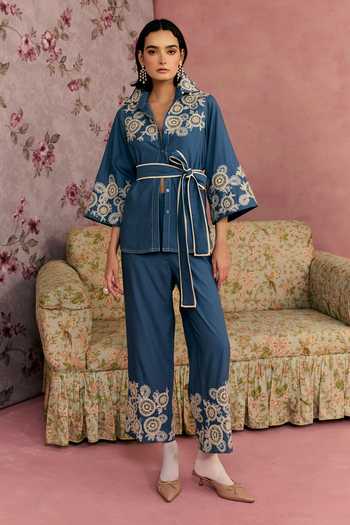 Buy_Surabhi Arya_Blue Cotton, Twill Collared Neck Bloom Embroidered Shirt And Pant Set _at_Aza_Fashions