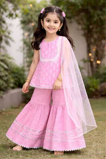 Buy_Pankhuri By Priyanka_Pink Cotton, Net Paisley Print Kurta Sharara Set _at_Aza_Fashions