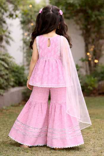 Shop_Pankhuri By Priyanka_Pink Cotton, Net Paisley Print Kurta Sharara Set _at_Aza_Fashions