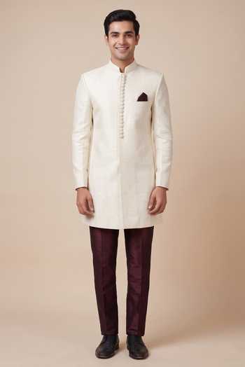 Buy_Manish Nagdeo_Beige Silk Ivory Sherwani With Wine Trousers _at_Aza_Fashions