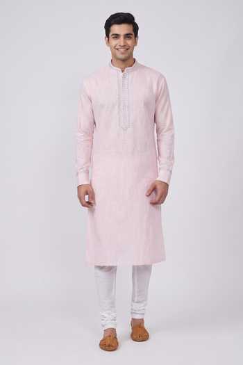 Buy_Mayank Modi - Men_Pink Linen Mandarin Collar Kurta Set _at_Aza_Fashions