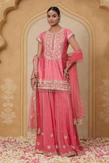 Buy_Nitisha Kashyap_Pink Silk, Organza, Georgette Round Neck, Yes Naaz Embroidered Kurta Sharara _at_Aza_Fashions