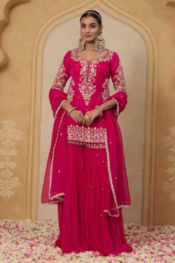 Buy_Nitisha Kashyap_Pink Silk, Organza, Georgette V-neck, Vaani Hand Embroidered Kurta Sharara Set _at_Aza_Fashions