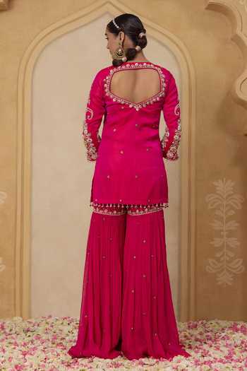 Shop_Nitisha Kashyap_Pink Silk, Organza, Georgette V-neck, Vaani Hand Embroidered Kurta Sharara Set _at_Aza_Fashions