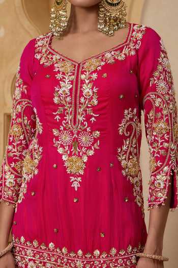 Shop_Nitisha Kashyap_Pink Silk, Organza, Georgette V-neck, Vaani Hand Embroidered Kurta Sharara Set _Online_at_Aza_Fashions