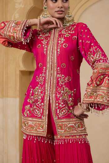 Buy_Nitisha Kashyap_Pink Silk, Organza, Georgette Round Neck Sitara Embroidered Kurta With Sharara _Online_at_Aza_Fashions