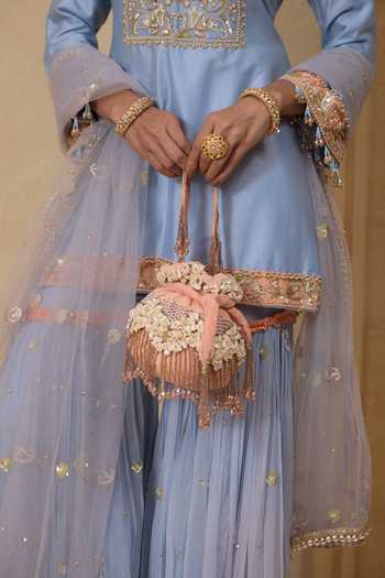 Nitisha Kashyap_Blue Silk, Georgette, Net V-neck, Yes Mahi Embroidered Kurta Set _Online_at_Aza_Fashions