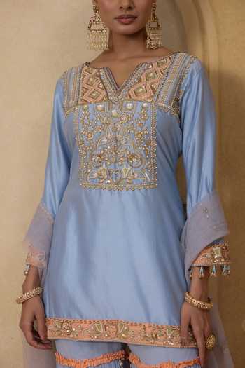 Buy_Nitisha Kashyap_Blue Silk, Georgette, Net V-neck, Yes Mahi Embroidered Kurta Set _Online_at_Aza_Fashions
