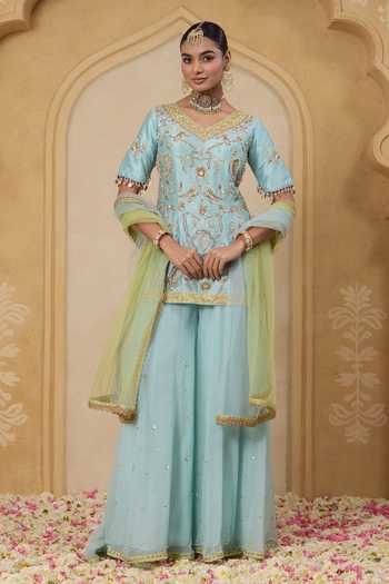 Buy_Nitisha Kashyap_Aqua Silk, Georgette, Net V-neck, Yes Reet Embroidered Kurta Set _at_Aza_Fashions