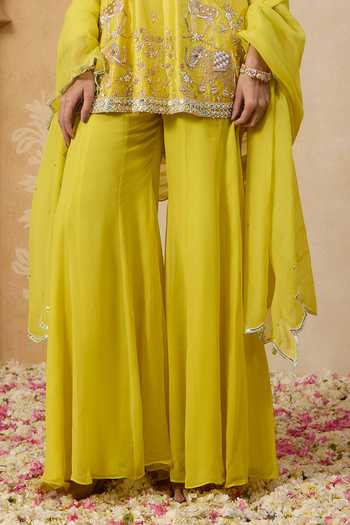Buy_Nitisha Kashyap_Yellow Silk, Organza, Georgette Halter Neck Elara Hand Embroidered Kurta Set _Online_at_Aza_Fashions