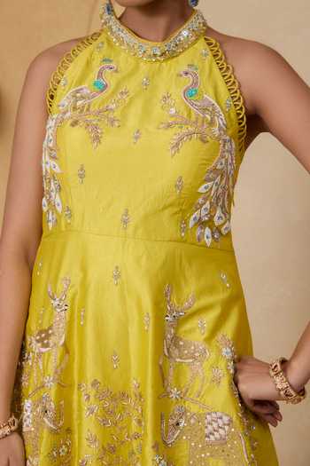 Nitisha Kashyap_Yellow Silk, Organza, Georgette Halter Neck Elara Hand Embroidered Kurta Set _at_Aza_Fashions