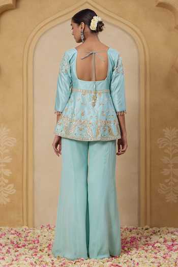 Shop_Nitisha Kashyap_Aqua Silk, Georgette Square Neck Inayat Hand Embroidered Top With Pant _at_Aza_Fashions