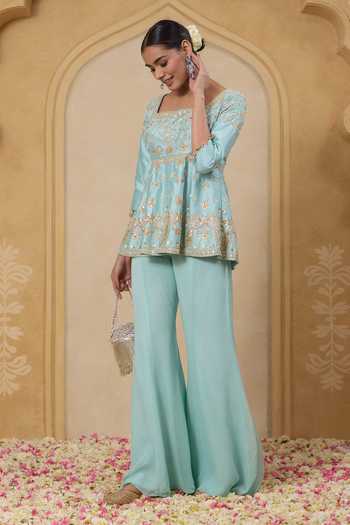 Nitisha Kashyap_Aqua Silk, Georgette Square Neck Inayat Hand Embroidered Top With Pant _Online_at_Aza_Fashions