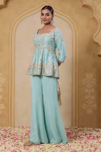 Buy_Nitisha Kashyap_Aqua Silk, Georgette Square Neck Inayat Hand Embroidered Top With Pant _Online_at_Aza_Fashions