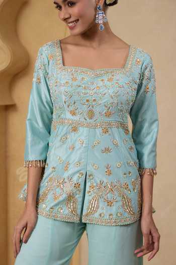 Shop_Nitisha Kashyap_Aqua Silk, Georgette Square Neck Inayat Hand Embroidered Top With Pant _Online_at_Aza_Fashions