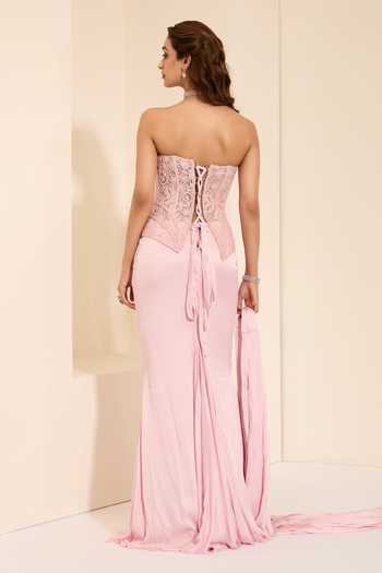 Shop_K&A By Karishma and Ashita_Pink Cotton Satin Embroidery, Primrose Chantilly Corset And Draped Skirt Set _at_Aza_Fashions