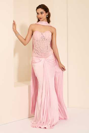 Buy_K&A By Karishma and Ashita_Pink Cotton Satin Embroidery, Primrose Chantilly Corset And Draped Skirt Set _at_Aza_Fashions