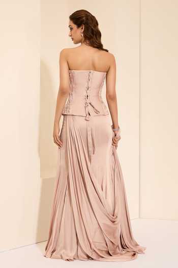 Shop_K&A By Karishma and Ashita_Blush Cotton Satin Stones Scoop Neck Silken Corset And Pre-draped Saree Set _at_Aza_Fashions