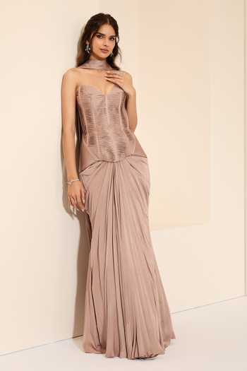 Buy_K&A By Karishma and Ashita_Mauve Cotton Satin Sweetheart Neck Dessert Rose Corset And Draped Saree Set _at_Aza_Fashions