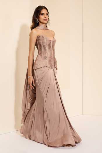 K&A By Karishma and Ashita_Mauve Cotton Satin Sweetheart Neck Dessert Rose Corset And Draped Saree Set _Online_at_Aza_Fashions